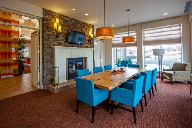 Michelle B. Field , MBF Interior Design  Hospitality Designer, Hilton Garden Inn - Oaks, PA Lobby Board Room, Fire place, natural wood table