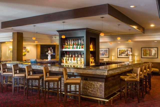 Michelle B. Field , MBF Interior Design  Hospitality Designer, Elements Restaurant & Bar, LaGuardia Plaza Hotel, NY, Renovation backlit bar, pendants @ bar, Hotel lobby bar