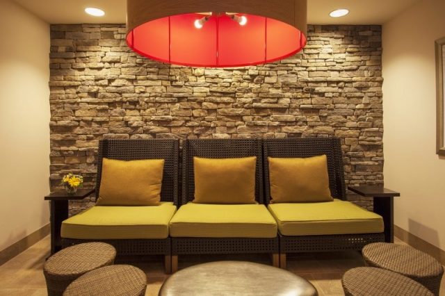 Michelle B. Field , MBF Interior Design Hospitality Designer, Hilton Garden Inn - Oaks, PA Seating Area Next to bar, stone wall,